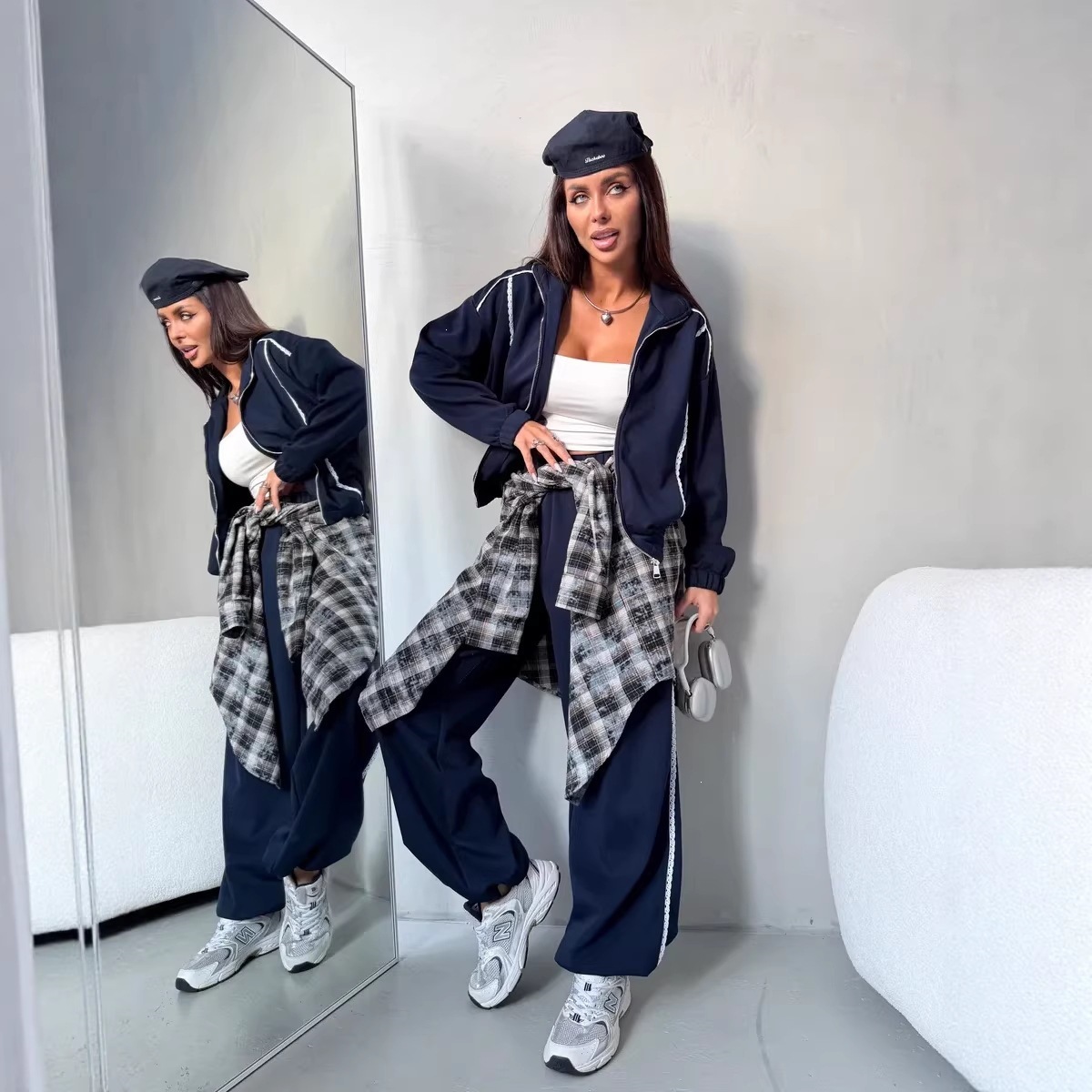 Women's Navy Lace-Trimmed Zip-Up Jacket and Jogger Pants Set