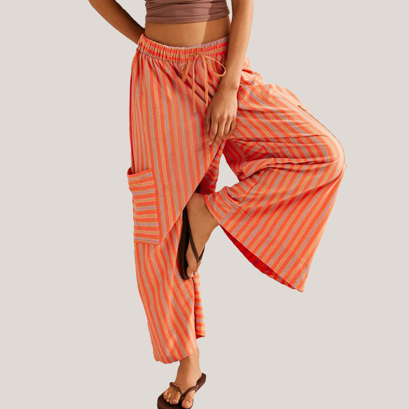 Striped Straight-Leg Drawstring Wide-Leg Beach Pants for Women