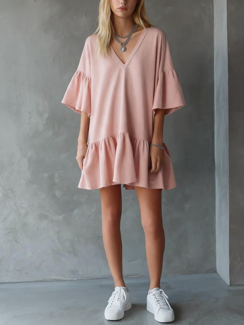 Women's Summer Ruffle V-Neck Solid Color Loose Short Dress