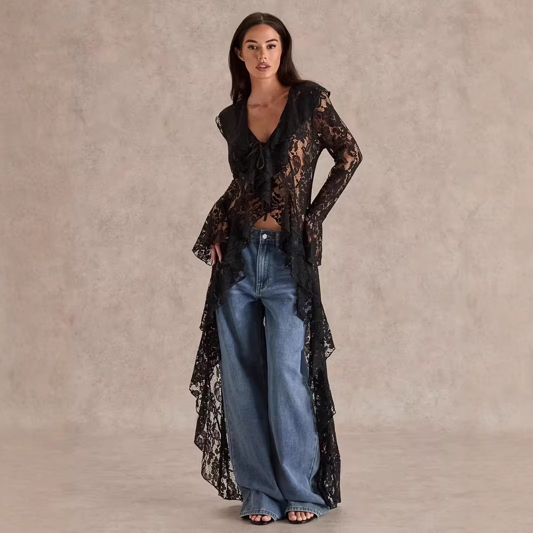 Women's Sheer Lace Ruffled Long Lightweight Cardigan