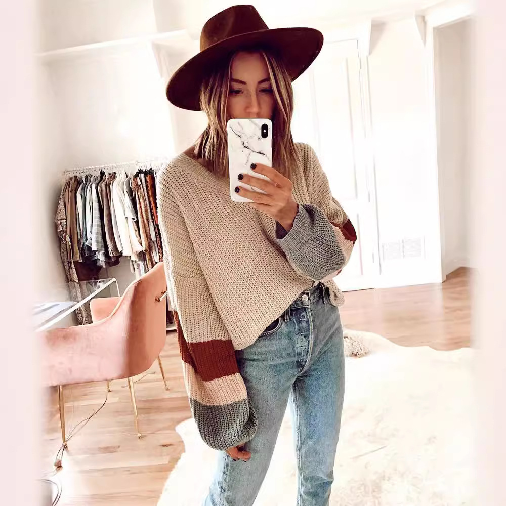 V-Neck Knit Sweater with Lantern Sleeves and Patchwork, Loose Plus-Size Pullover
