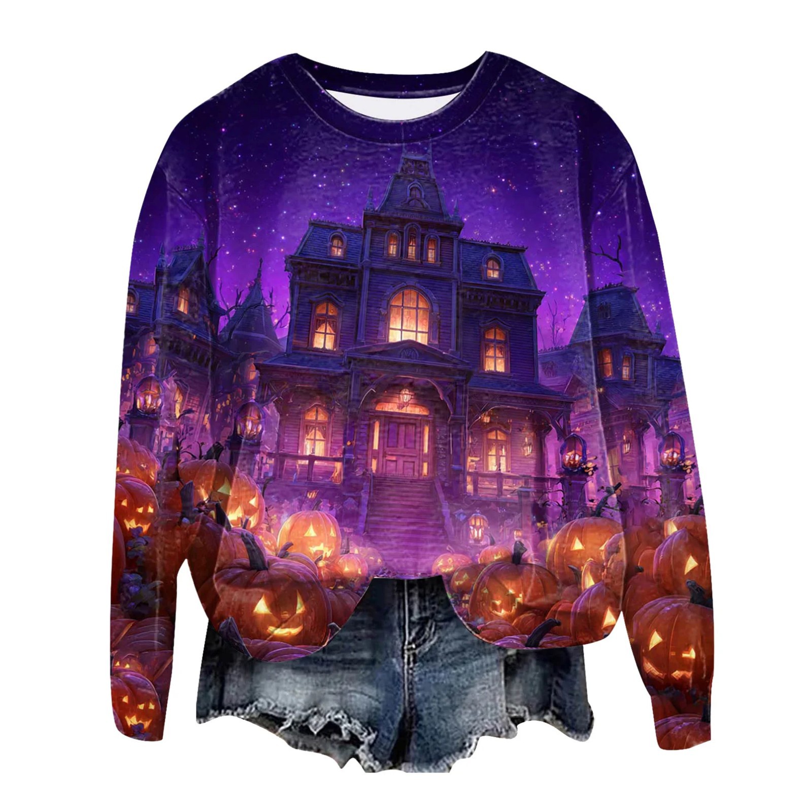 Women's Halloween Cross Castle Ghost Wolf Print Crewneck Sweatshirt