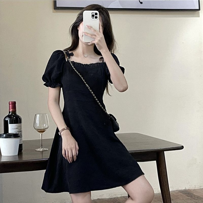 Square Neck Puff Sleeve A-Line Midi Dress in Black
