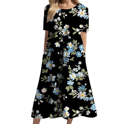 Women's Floral Print Ruched Midi Dress Short Sleeve Crew Neck