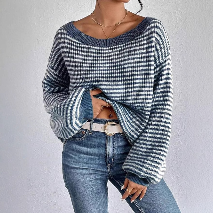 Striped One-Shoulder Lantern Sleeve Sweater