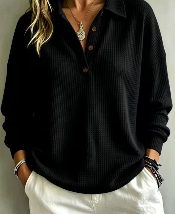 Waffle Knit Button-Front Pullover Top