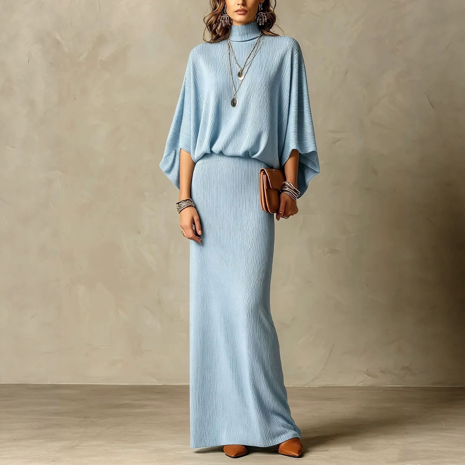 Solid Ribbed Batwing Sleeve Two-Piece Skirt Set