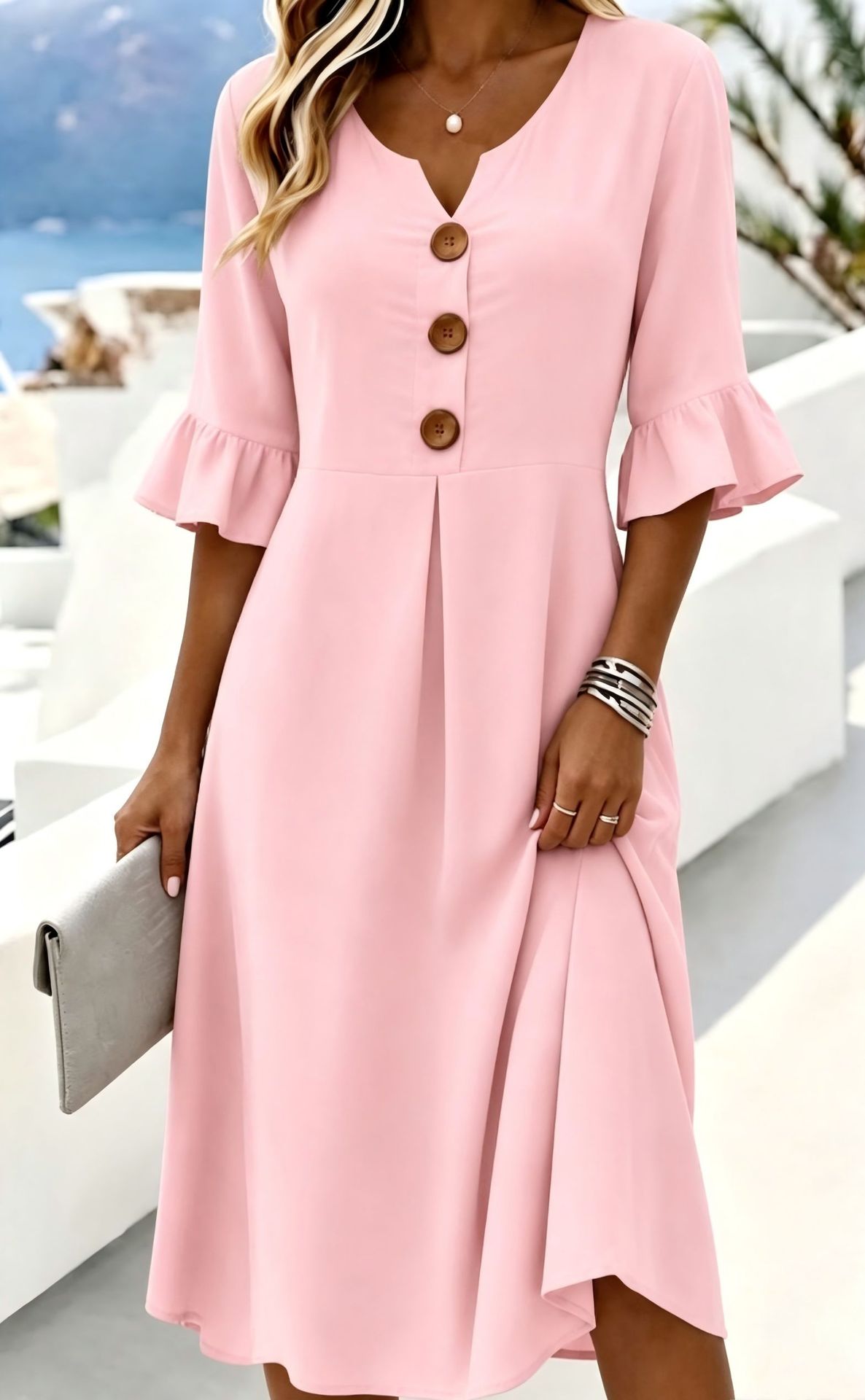 Women's Vintage Print Button Midi Dress