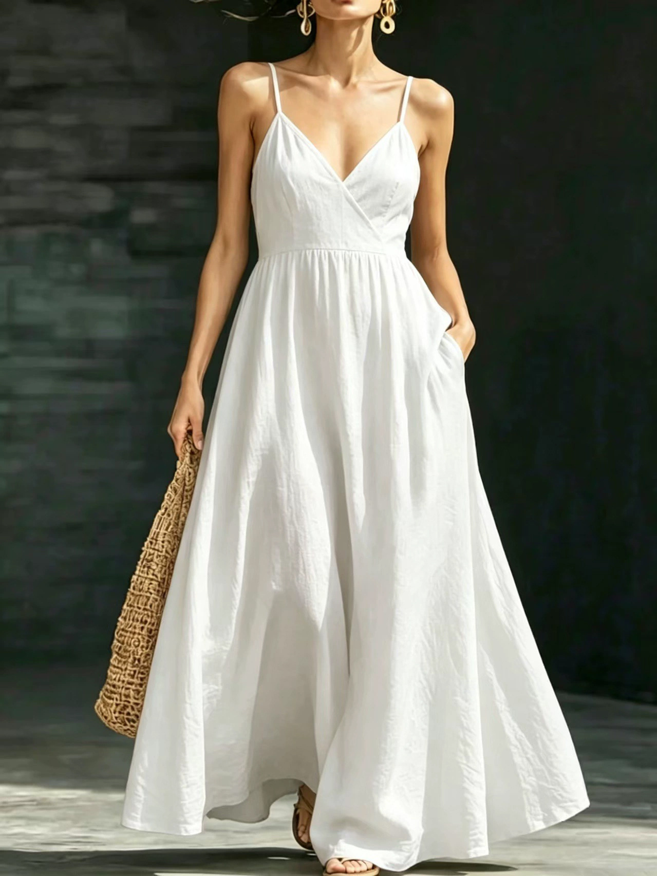 V-Neck Sleeveless Midi Dress with Pockets Elegant Casual