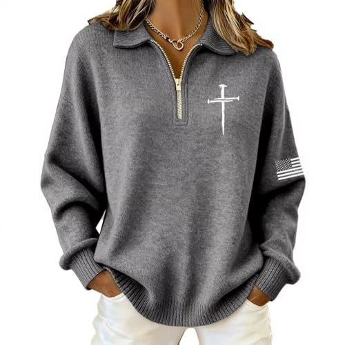 Cross American Flag Print Half-Zip Hoodie