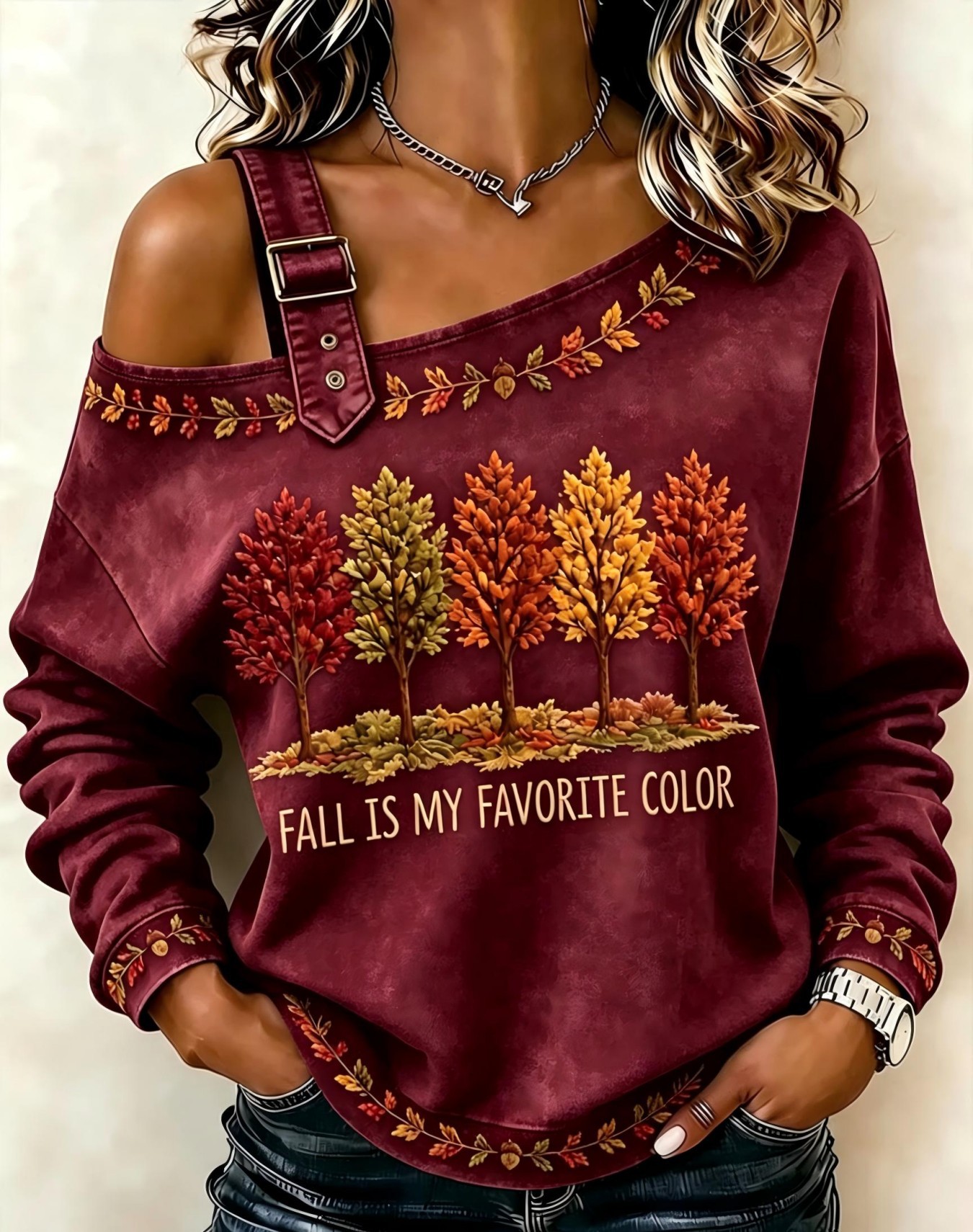 Maple Leaf Letter Floral Print Crewneck Long Sleeve Lace-Up Sweatshirt