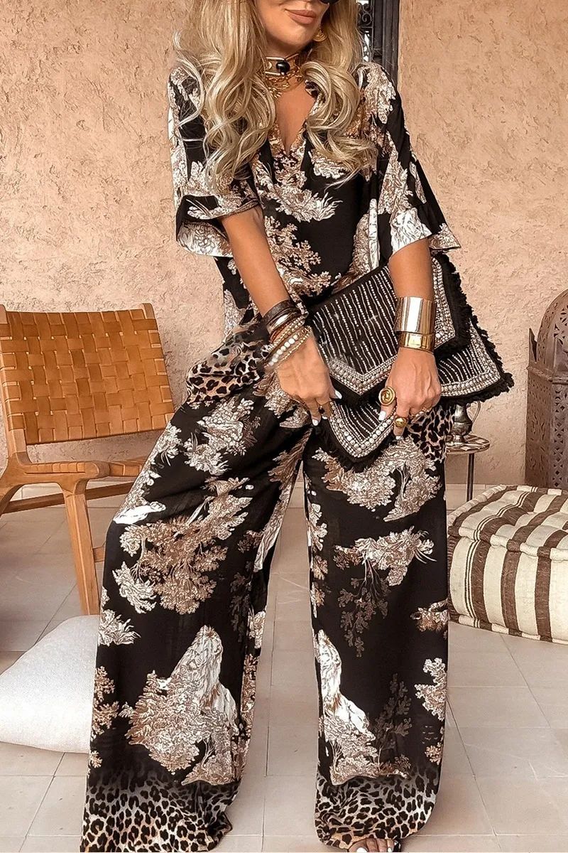 Women's V-Neck Printed Short-Sleeve Top and Wide-Leg Pants 2-Piece Set