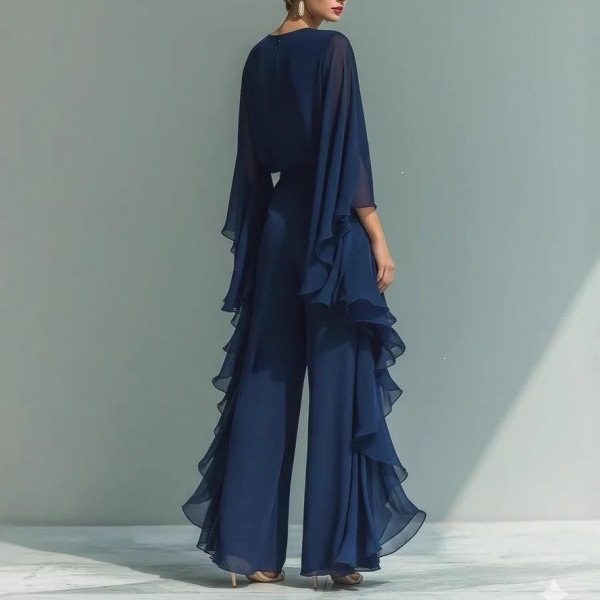 Women's Navy Chiffon Top and Straight-Leg Pants Set with Ruffle Bell Sleeves