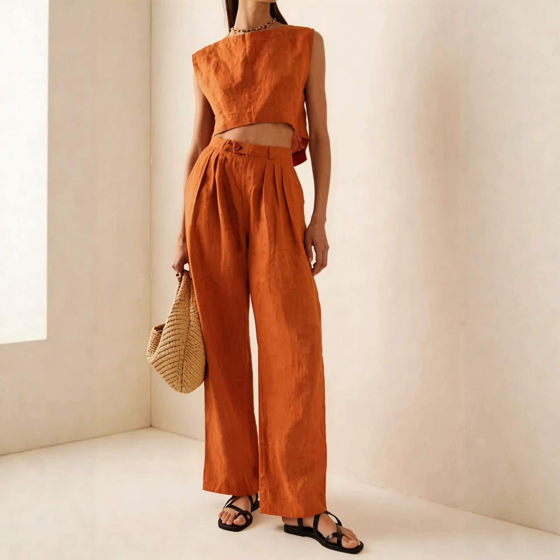 Women's Summer Round Neck Loose Casual Two-Piece Pants Set