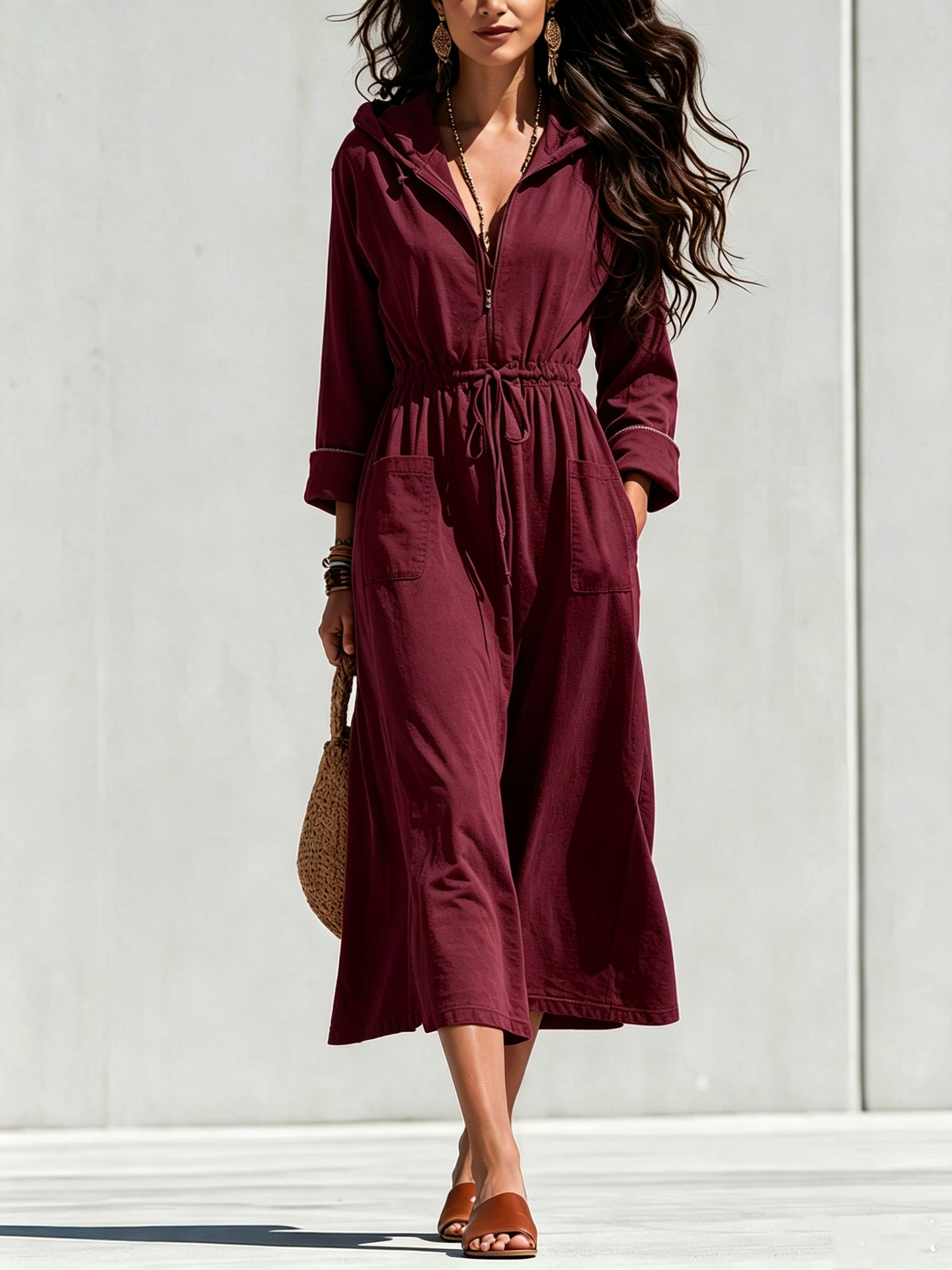 Women's Solid Half-Zip Drawstring Hooded Midi Dress