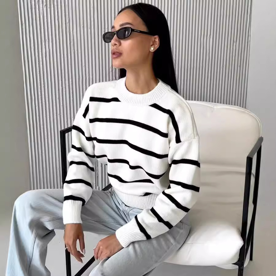Striped Knit Sweater Crewneck Long Sleeve Colorblock Pullover