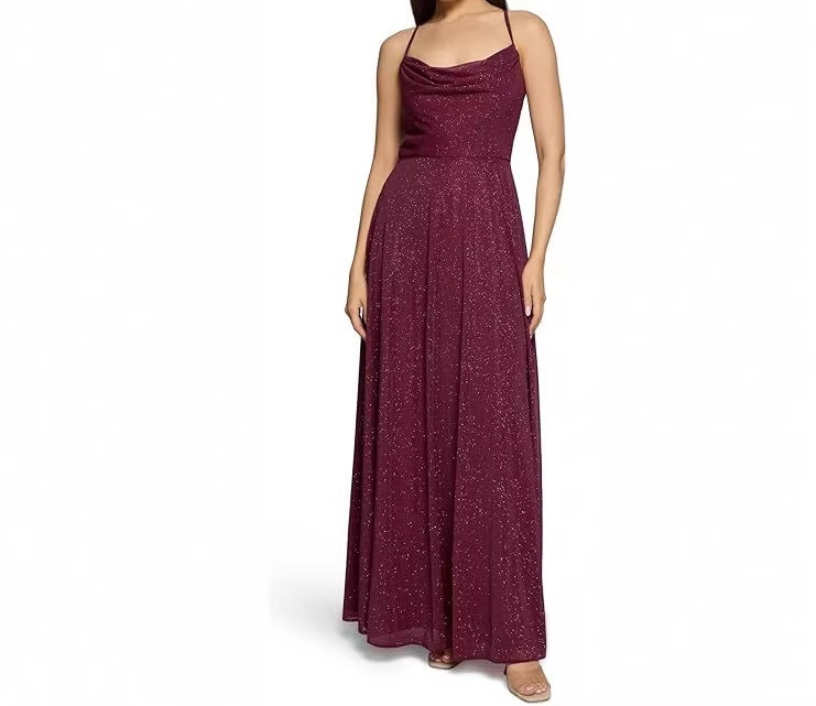 Women's Cowl Neck Sheath Dress Sleeveless Midi A-Line Shimmer Accent