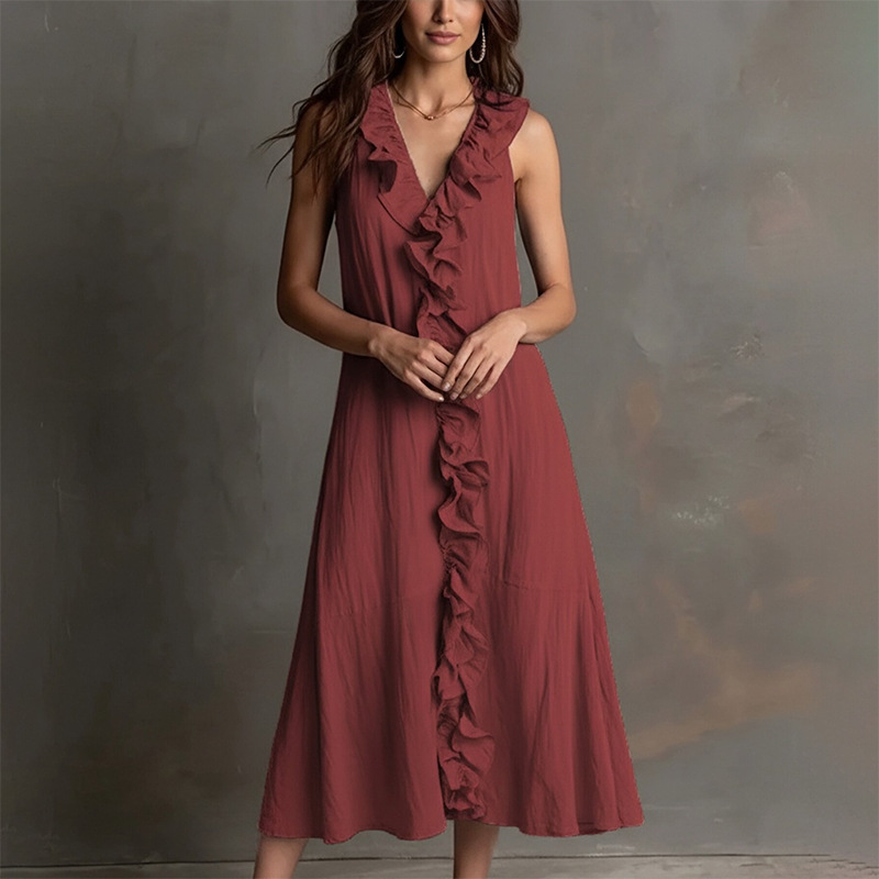 Women's Summer Sleeveless V-Neck Lace Trim Solid Color Loose Casual Dress