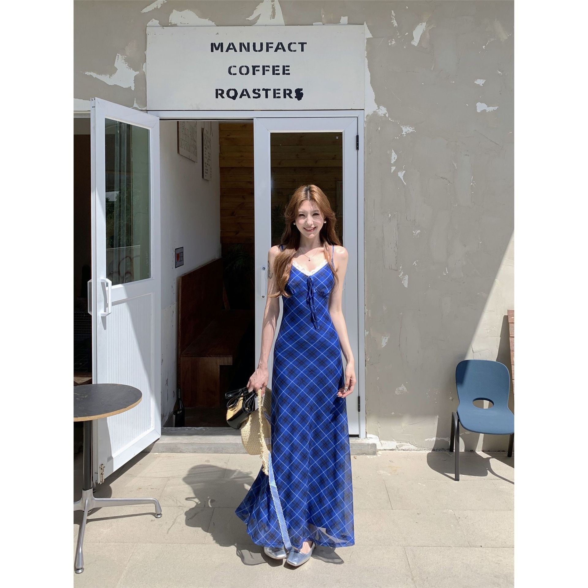 New Chinese Style French Vintage Blue Slip Dress