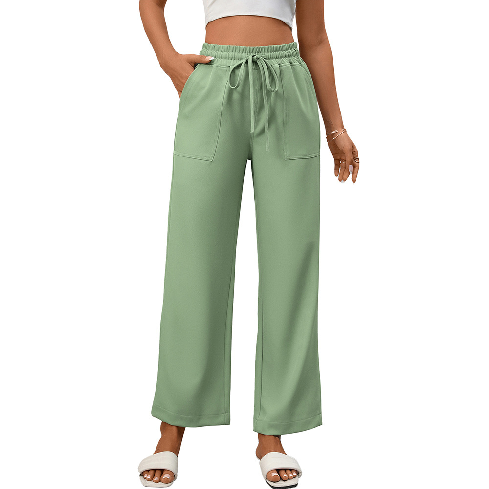 Women's Drawstring Wide-Leg Pants with Pockets Casual Cotton Blend