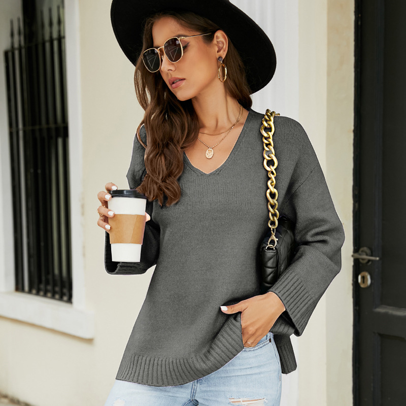 Women's Long Sleeve V-Neck Knit Sweater Casual Loose Fit