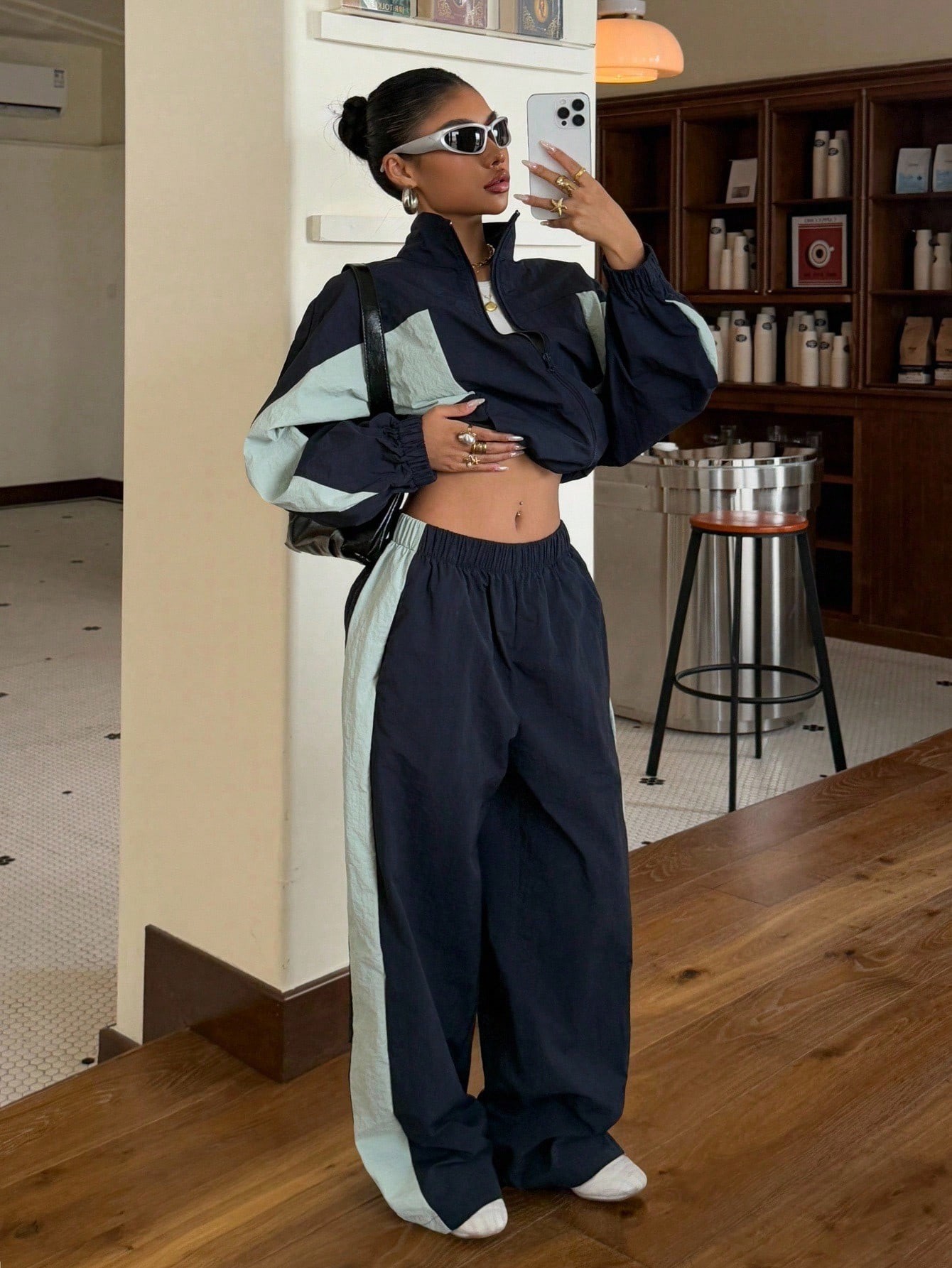 Women's Colorblock Half-Zip Stand Collar Short Two-Piece Set