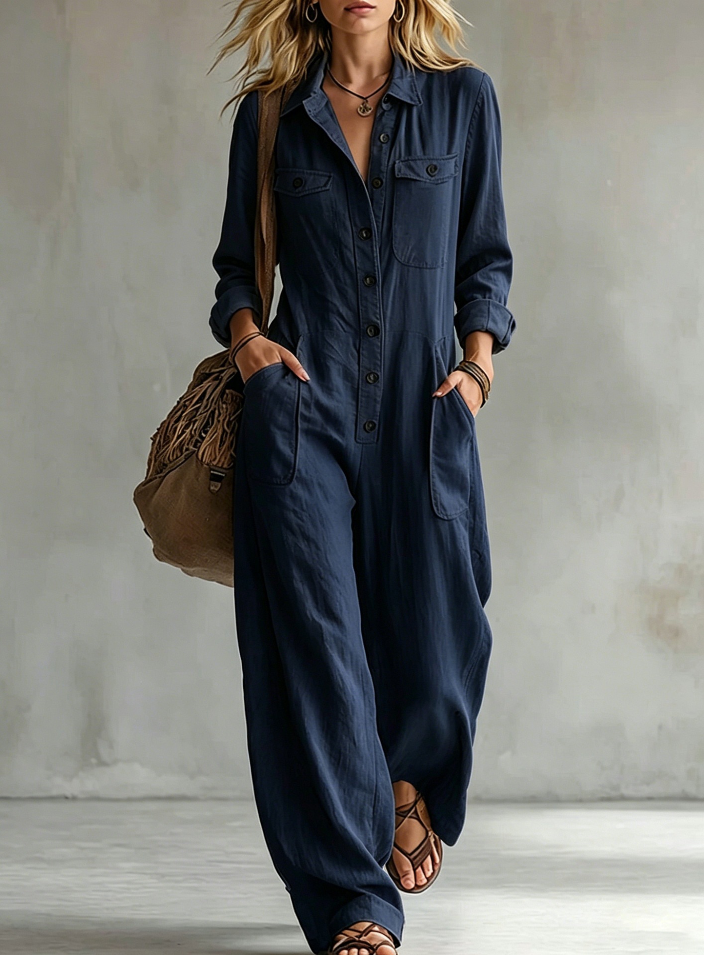 Women's Linen-Blend Cargo Jumpsuit with Collar, Long Sleeve, Wide Leg, Loose Fit