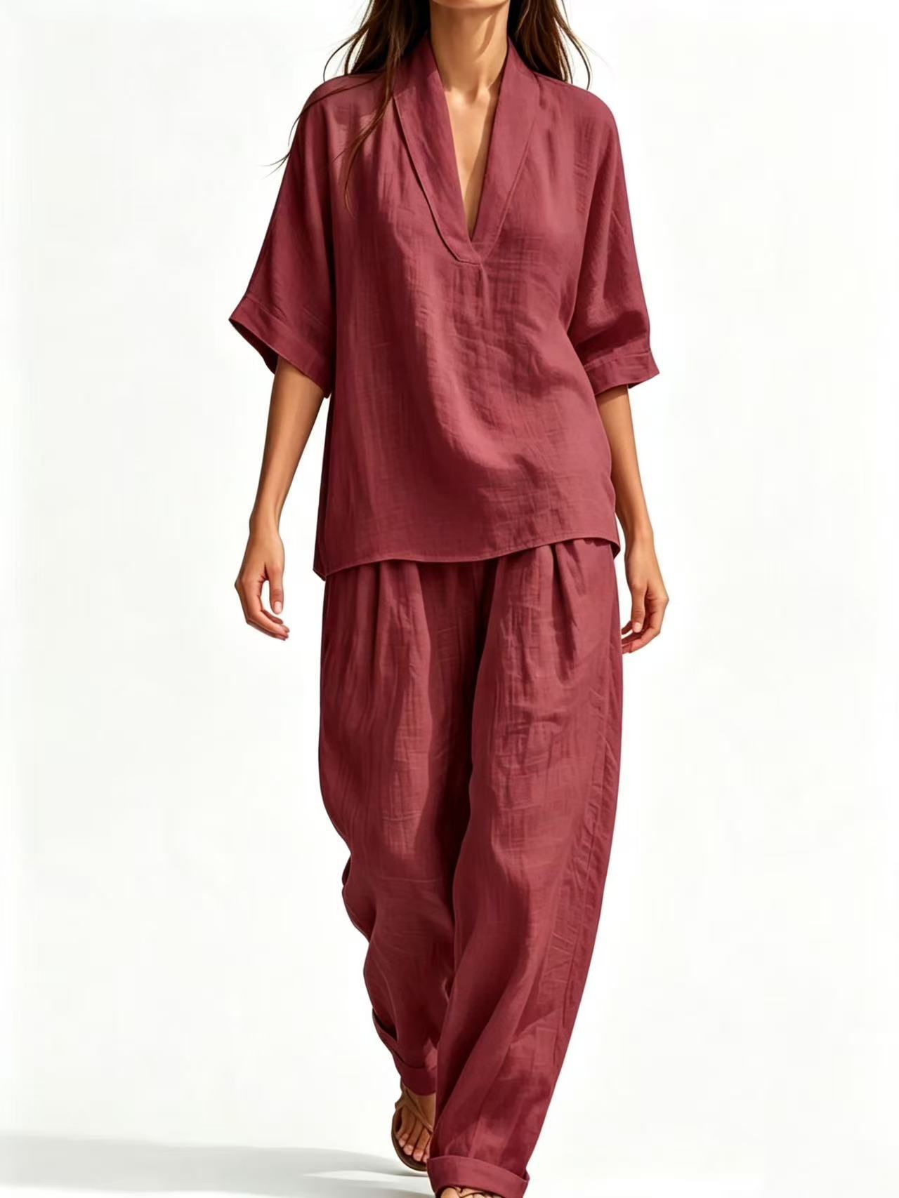 Women's Casual Linen Two-Piece Set Short Sleeve Tee & Pants
