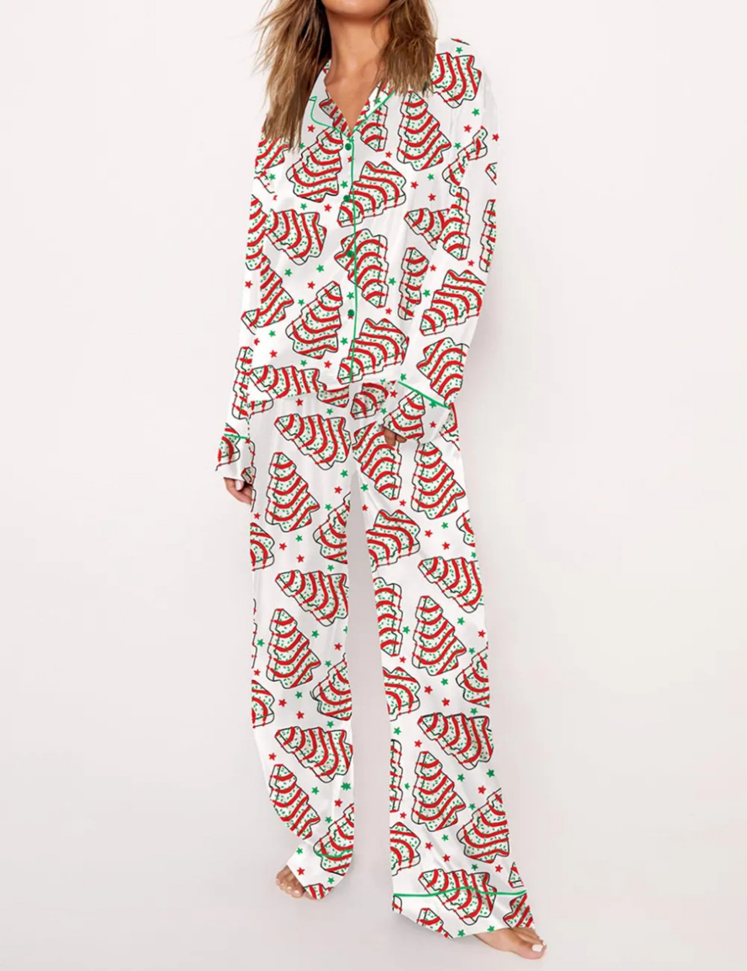 Christmas Tree Print Cuban Collar Long Sleeve Women's Set