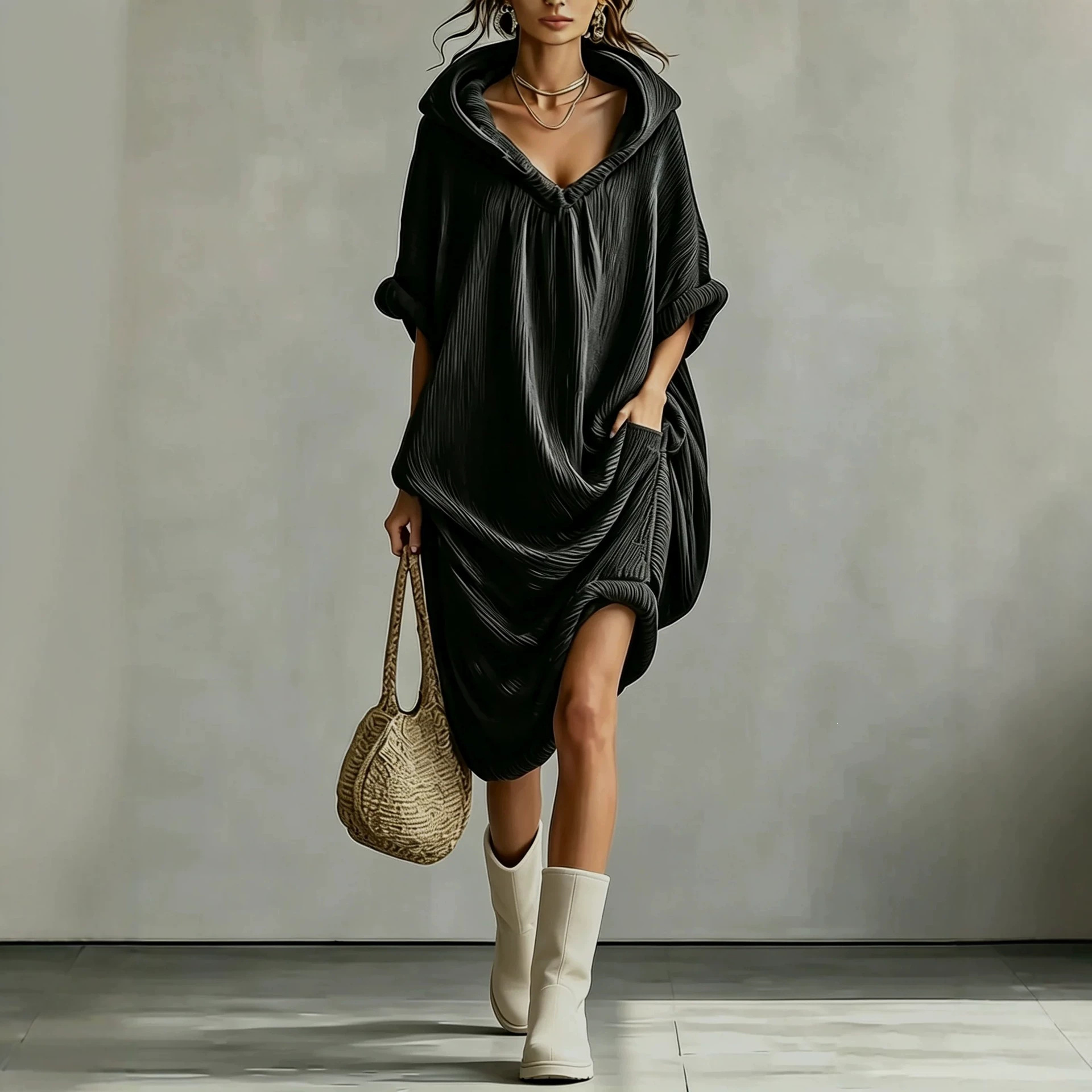 Dark Hooded Sweatshirt Dress Textured Ruched Loose Fit