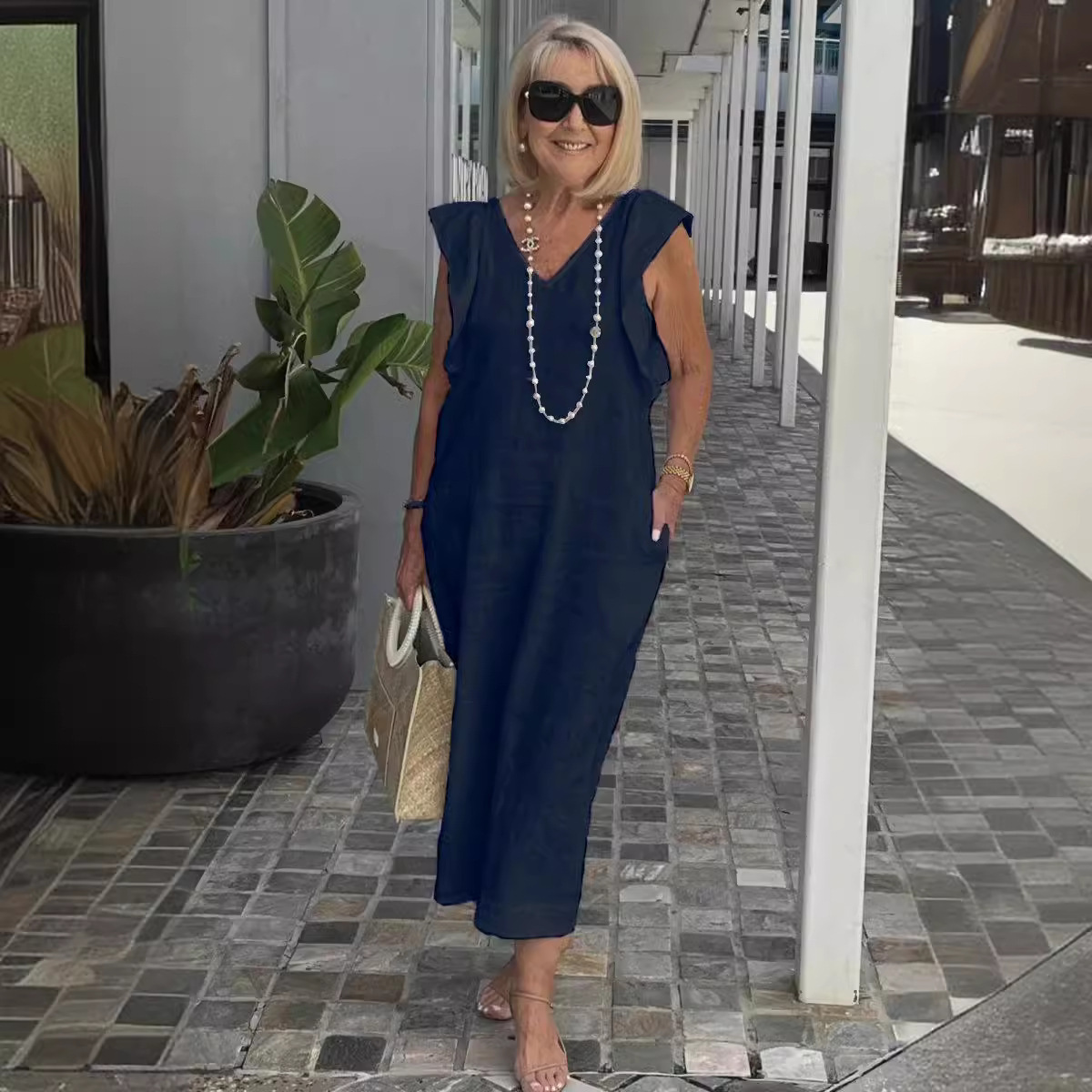 Women's Summer Cotton-Linen Dress with Back Tie and Flutter Sleeves