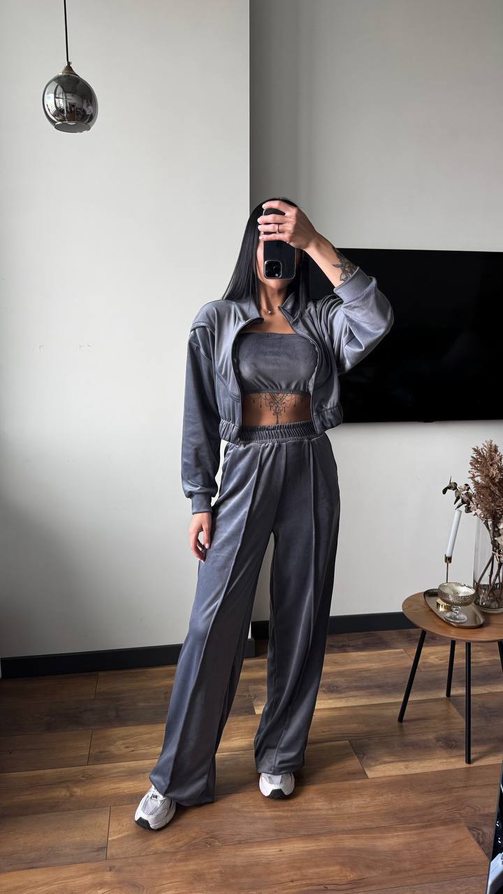 Women's Solid Velvet Stand-Collar Long-Sleeve Three-Piece Pants Set