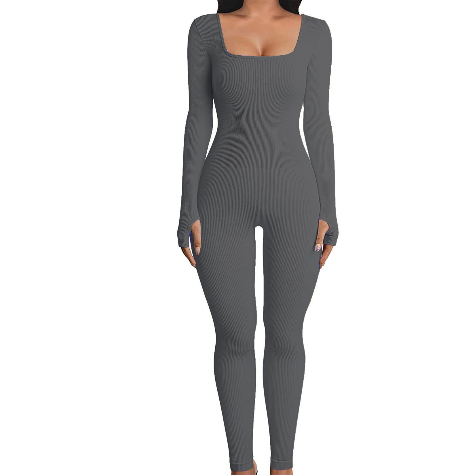 Women's Ribbed Square Neck Bodysuit Slimming Long Sleeve