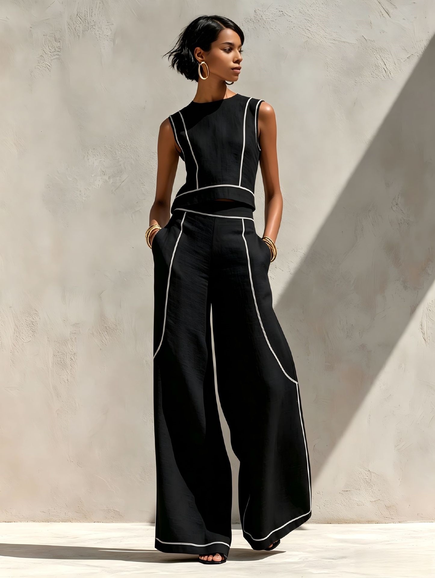 Women's Sleeveless Colorblock Wide-Leg Pants Set Casual Two-Piece
