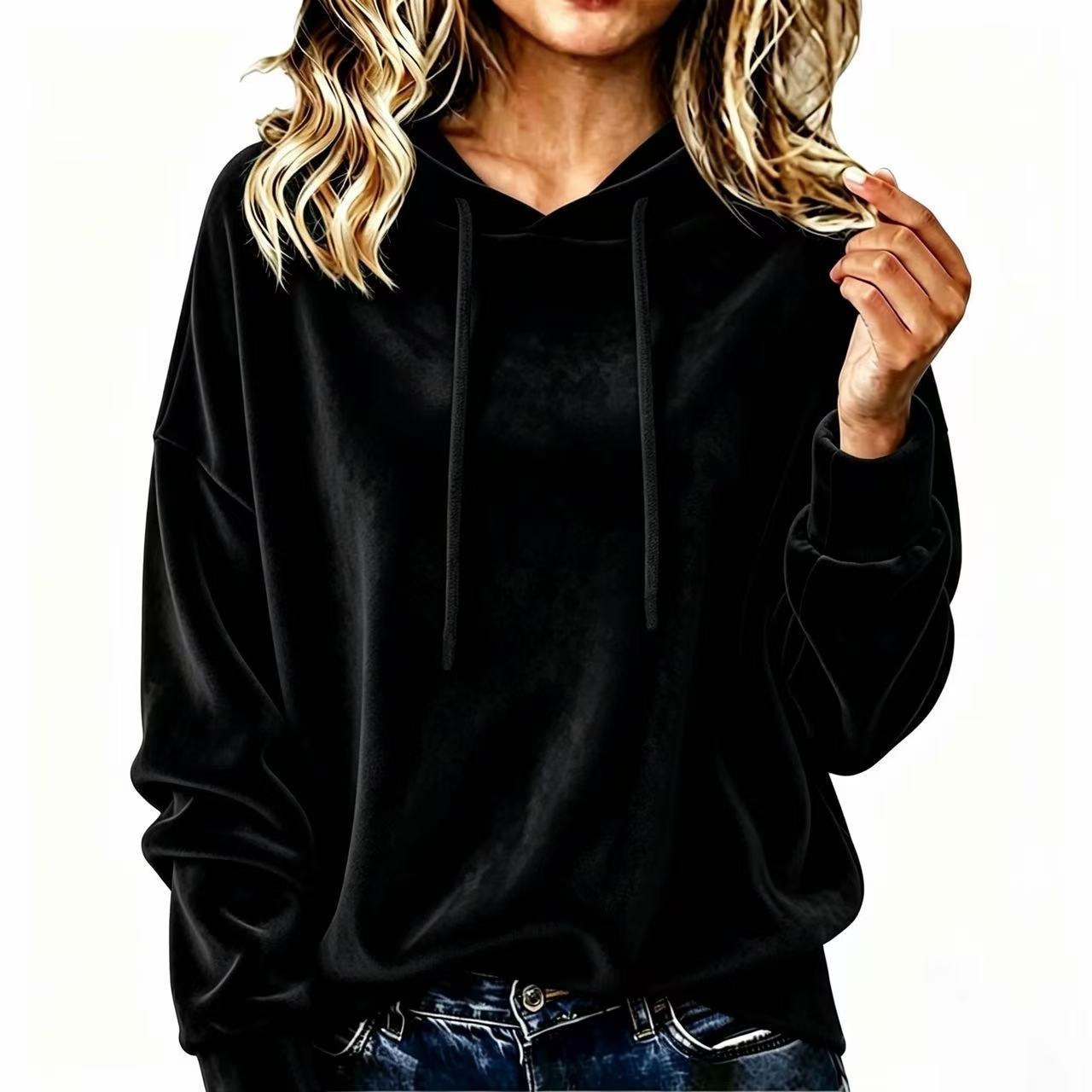 Hooded Drawstring Velvet Solid Color Long Sleeve Sweatshirt for Women