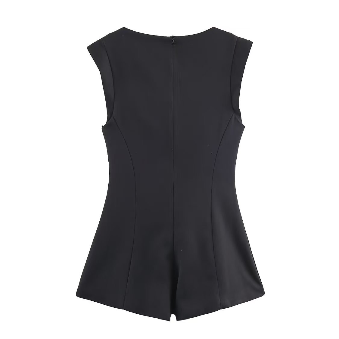 Women's Low Square Neck Sleeveless Slim Fit Short Jumpsuit with Jewel Button Detail