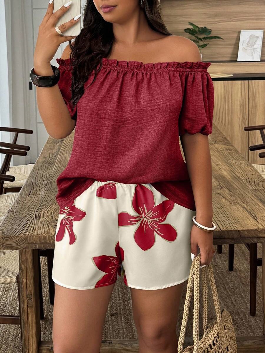 Women's Off-Shoulder Short Sleeve Shirt & Shorts Set Casual Summer