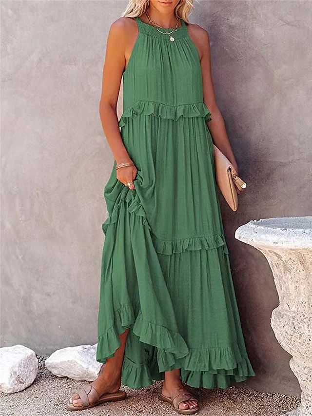 Ruffled Long Vacation Dress with Flowy Maxi Skirt