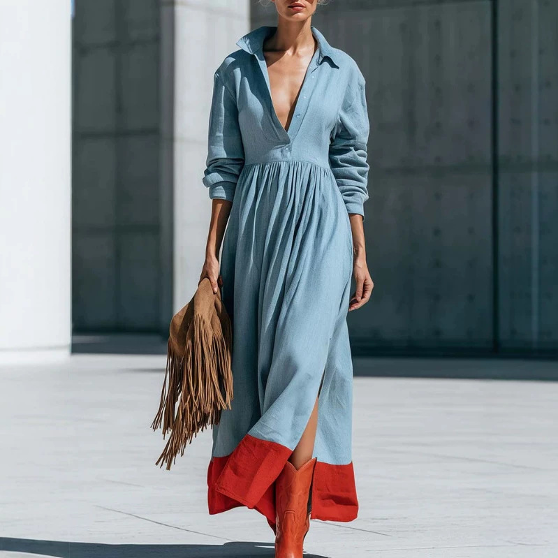 Retro Blue Color-Block Hem V-Neck Long Sleeve Maxi Dress