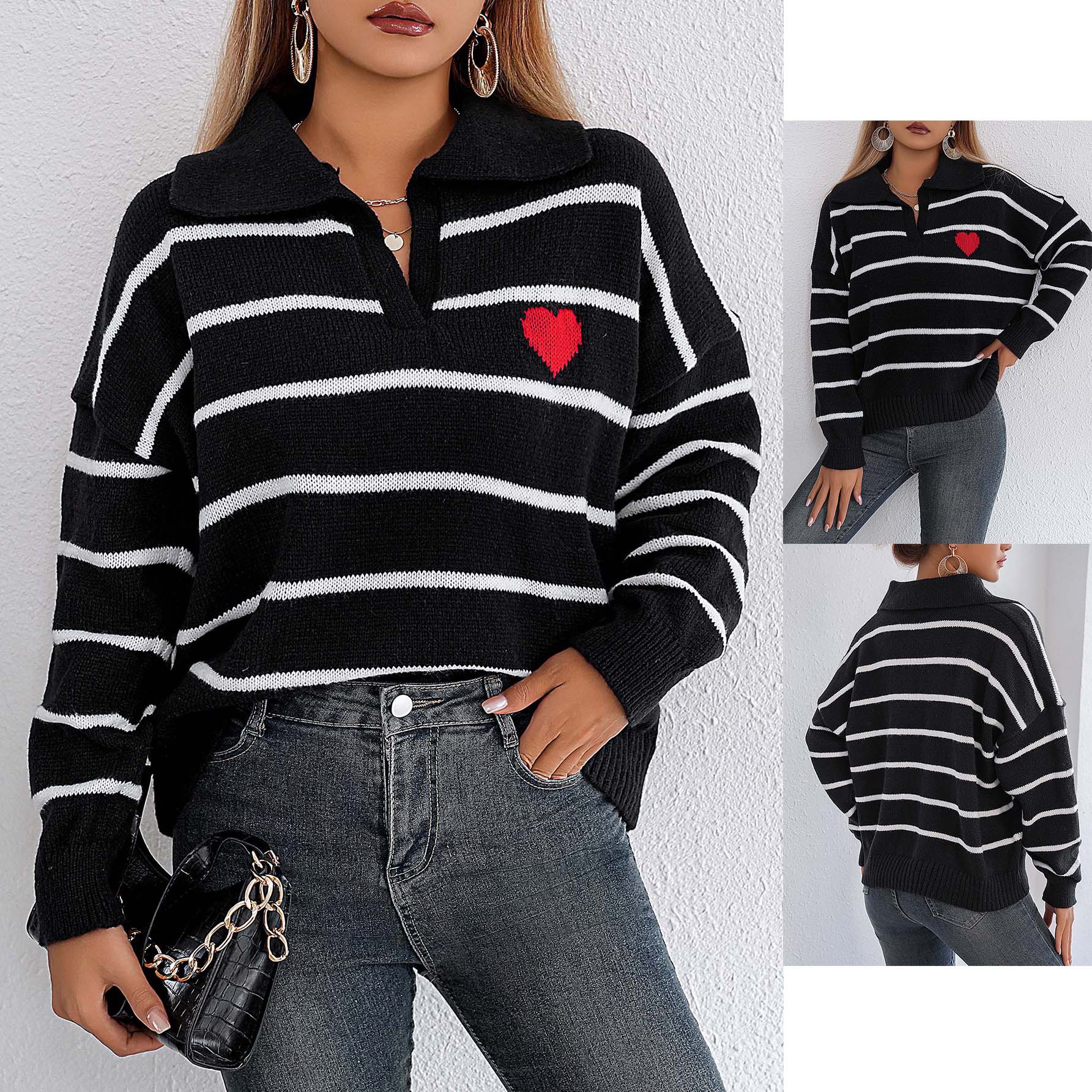 Women's Color-Block Striped Heart Polo Neck Sweater