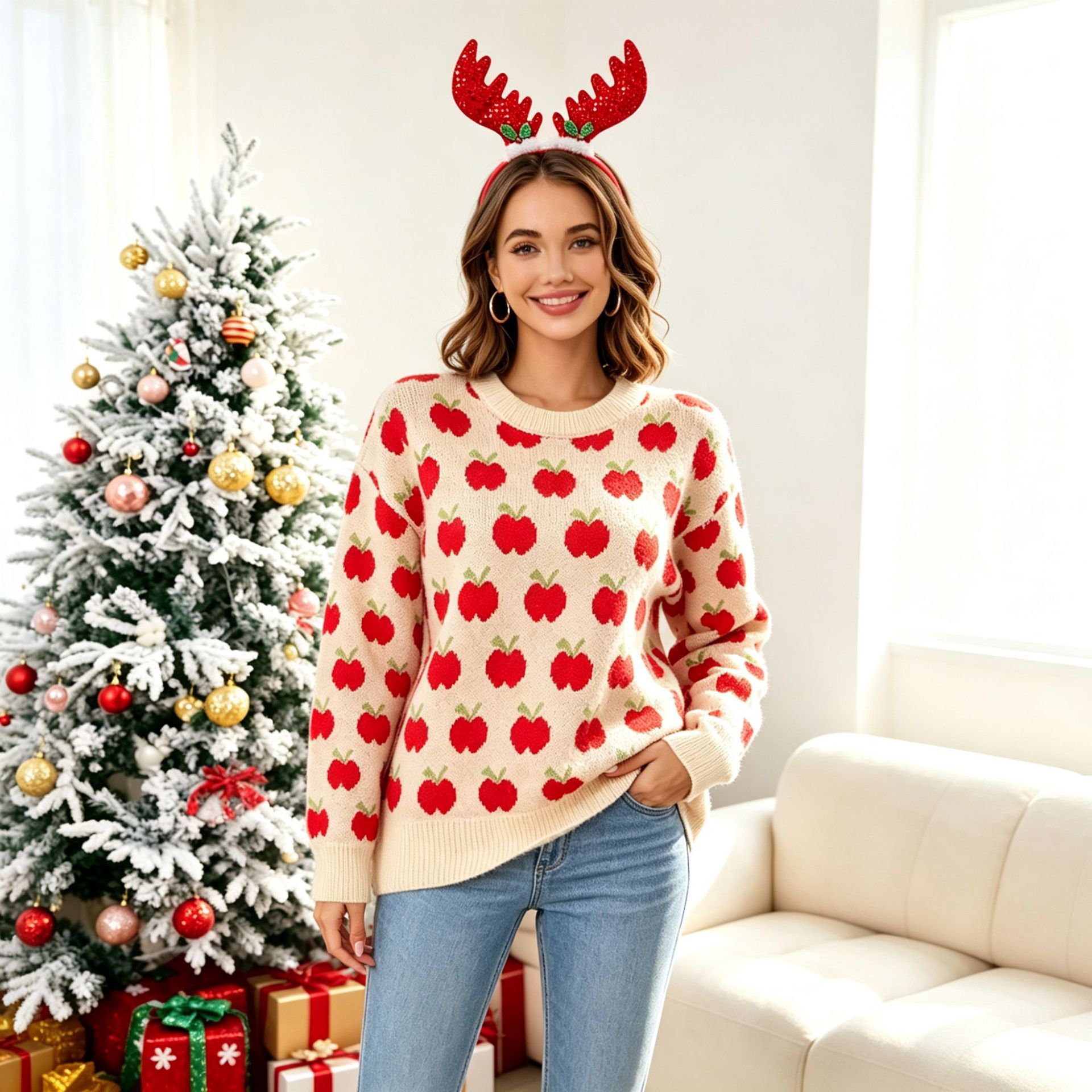 Plus Size Christmas Color-Block Knit Sweater Long Sleeve Pullover