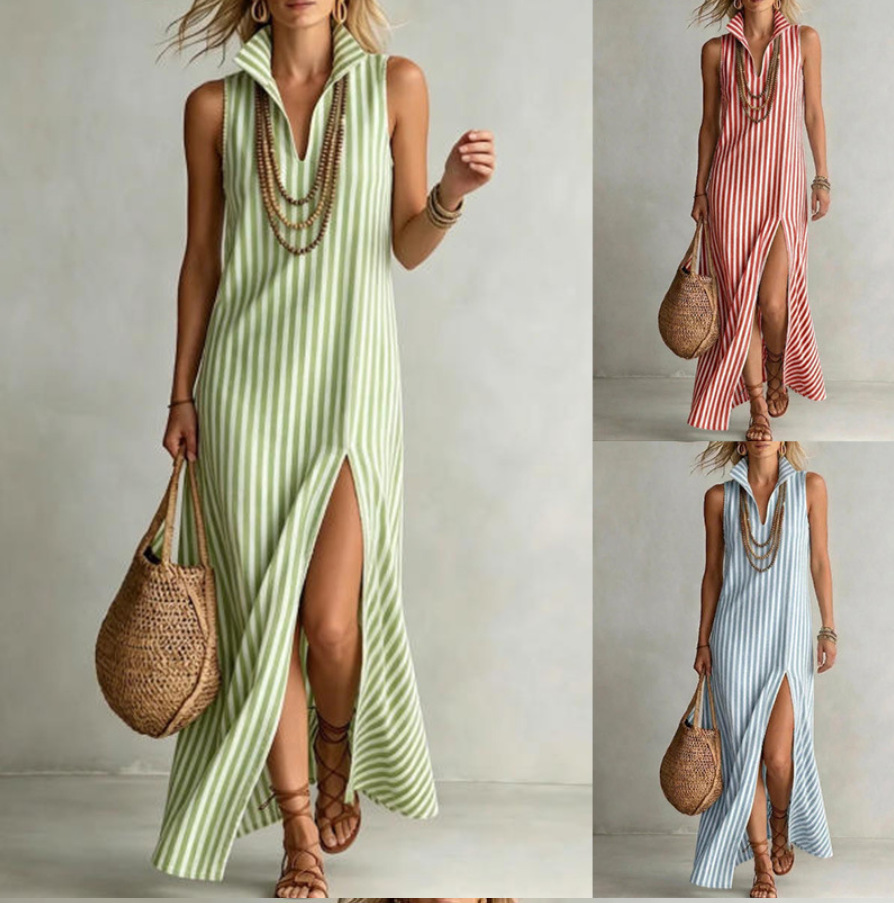 Striped Stand Collar Sleeveless Slit Cotton Linen Maxi Dress