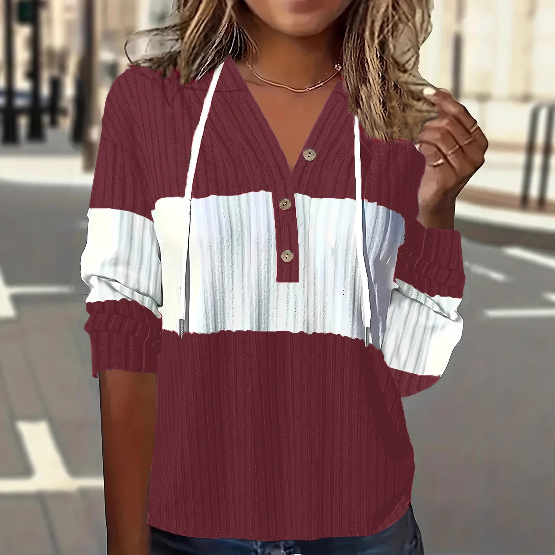 Color-Block Hooded Long-Sleeve Button Drawstring Striped Panel Loose Top