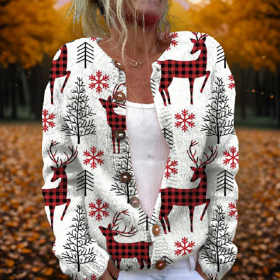 Women's Christmas Santa Print Button Cardigan Sweater