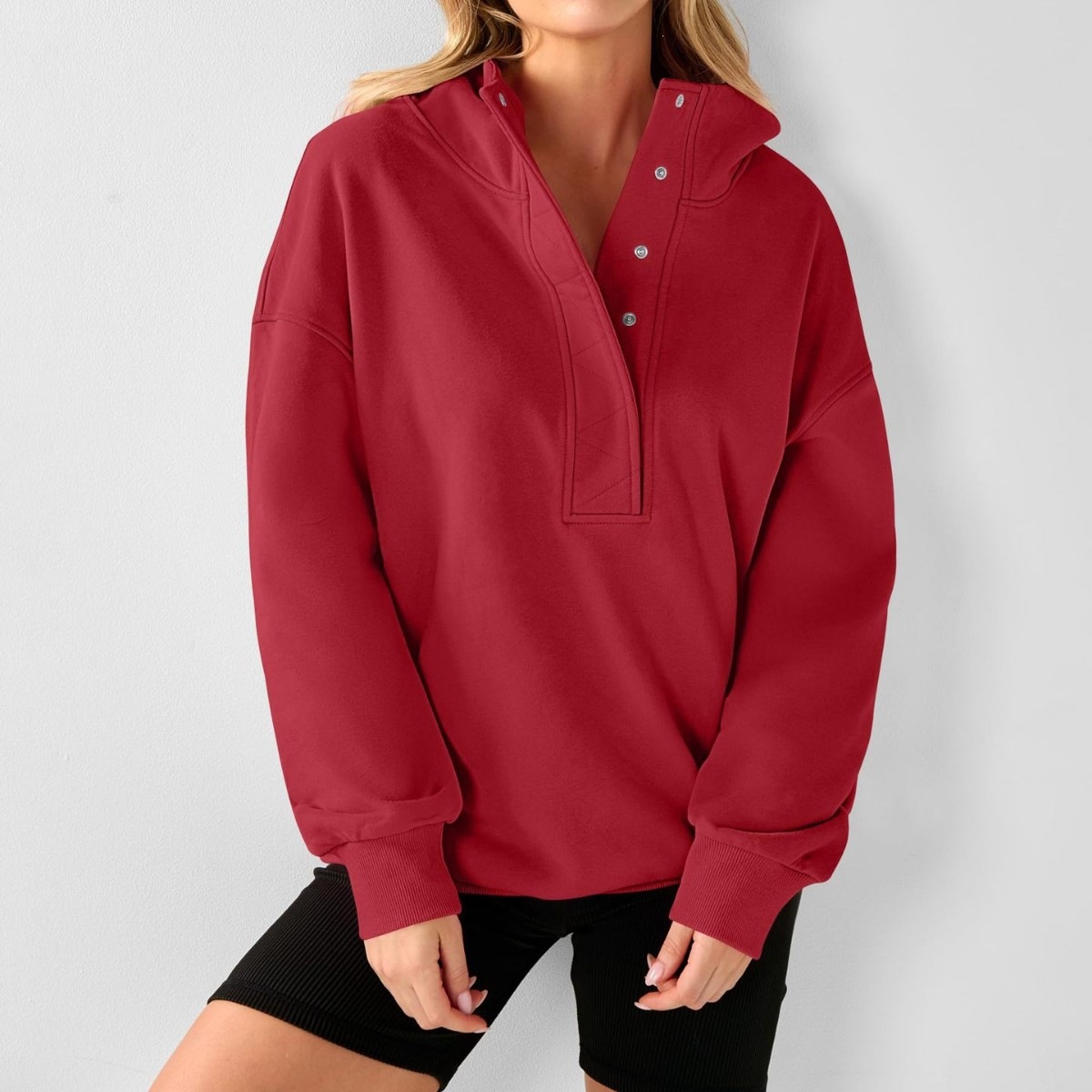 Women's Half-Button Hooded Sweatshirt Long Sleeve Loose Fit