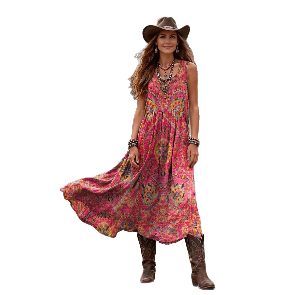 Boho Print V-Neck Sleeveless Maxi Dress