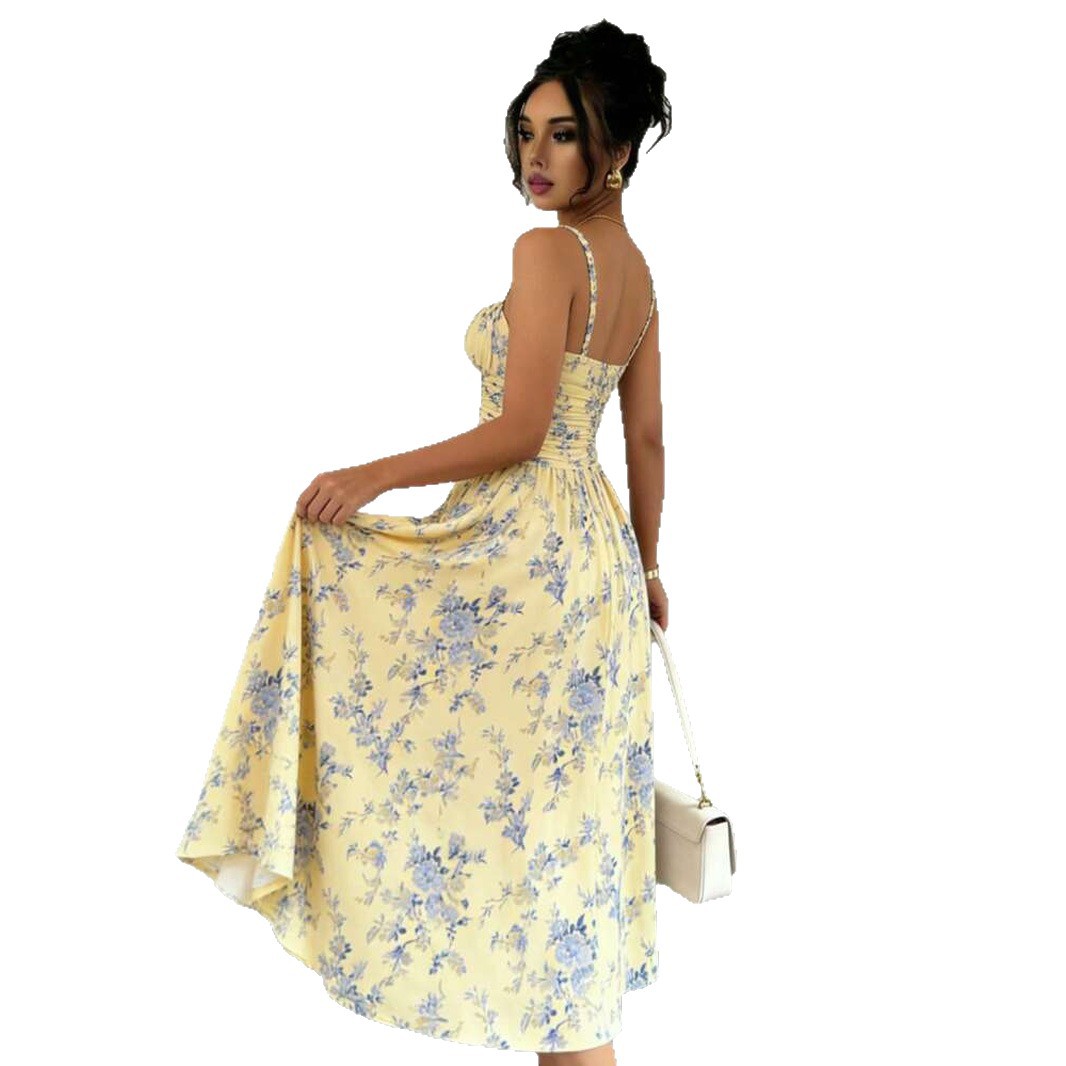 Bohemian Floral Print Sleeveless Slit Midi Dress