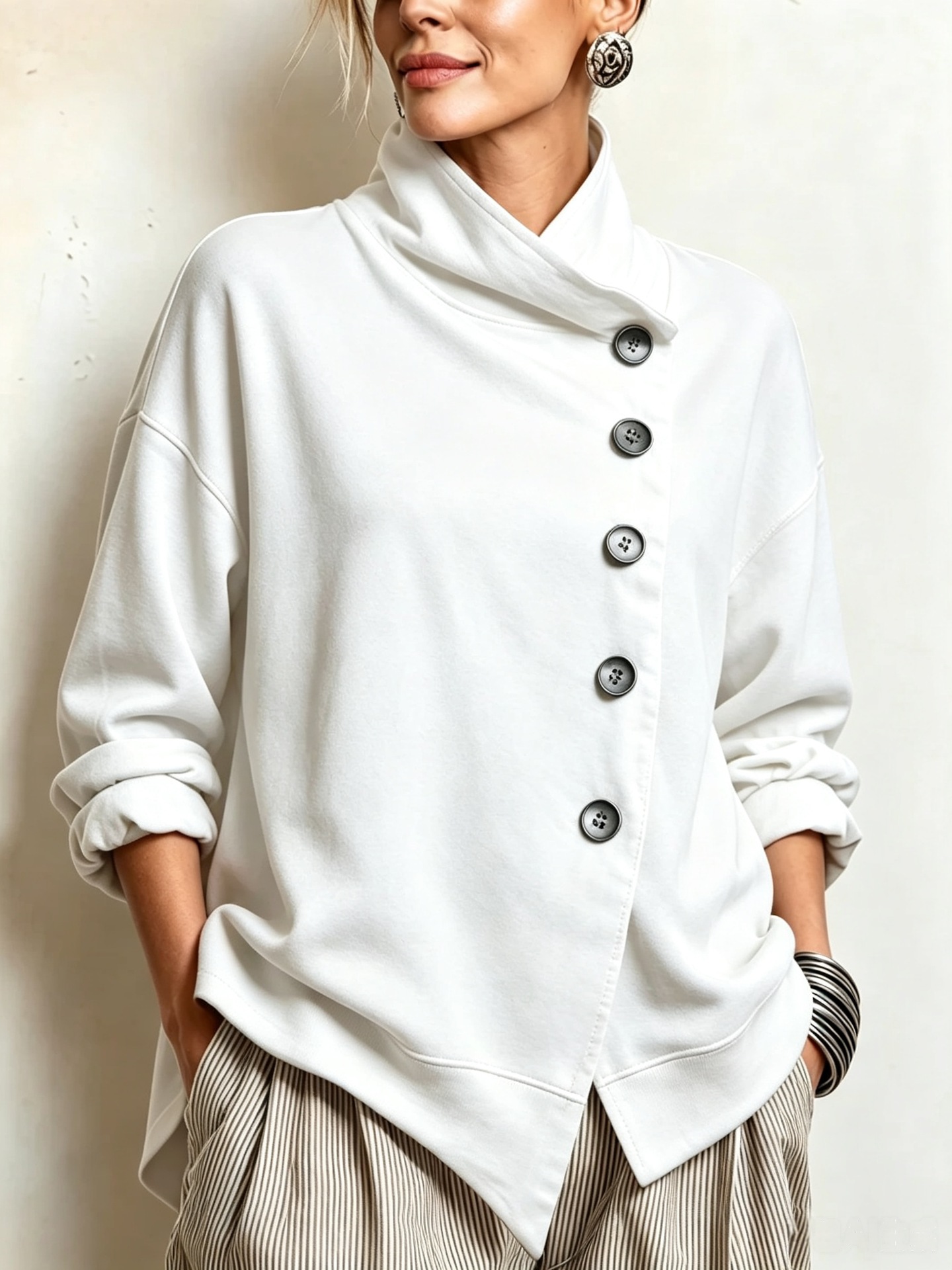 Stand Collar Asymmetric Hem Button-Front Loose Fit Long Sleeve Solid Color Sweatshirt for Women