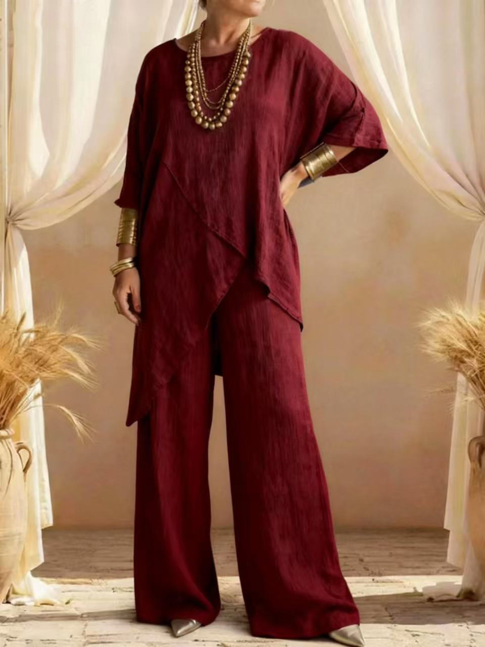 Women's Casual Solid Color Short Sleeve Cotton Linen Two-Piece Set