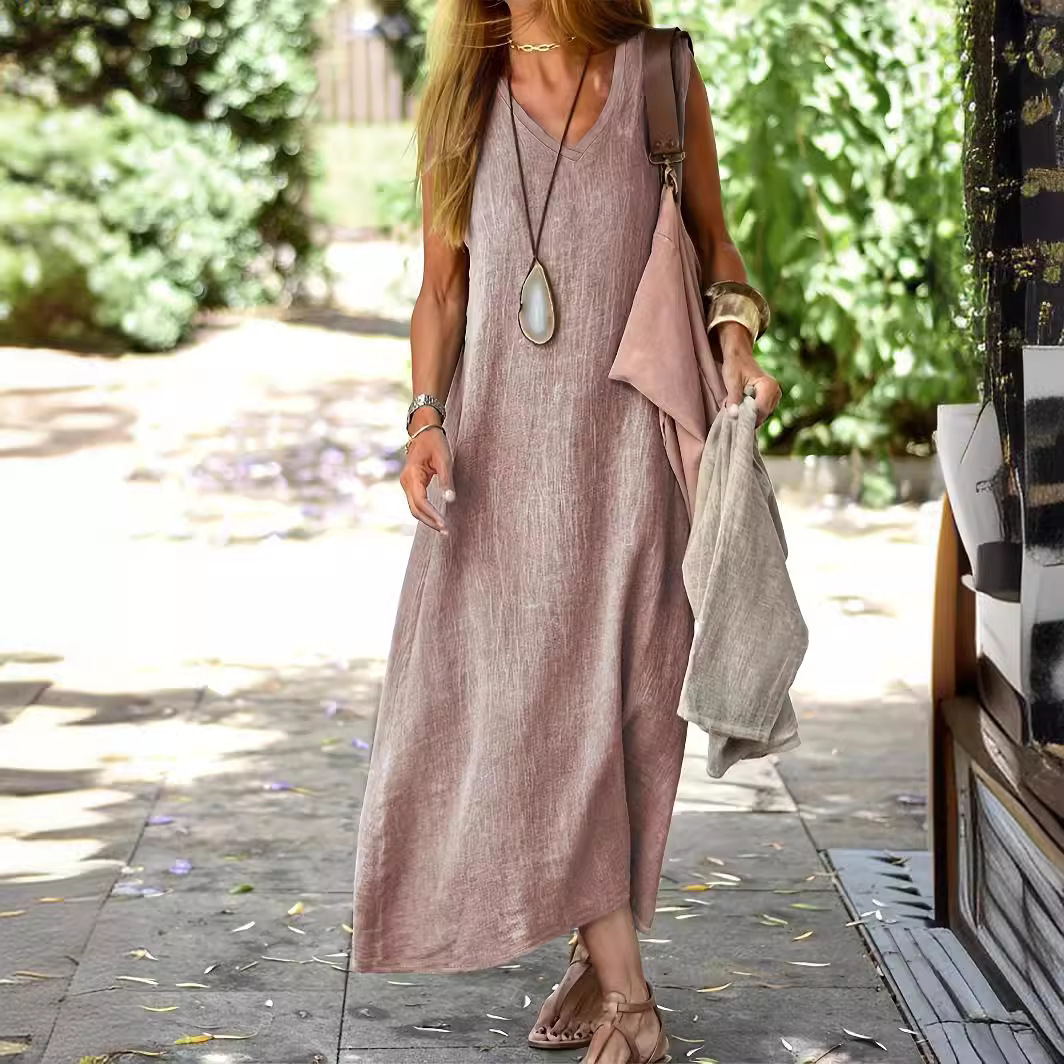 Plus Size Women's Summer Dress Cotton-Linen Blend A-Line V-Neck Sleeveless